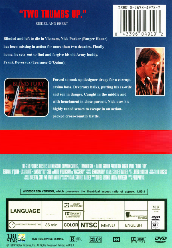 Blind Fury DVD featuring Rutger Hauer and Terry O'Quinn, martial arts movie with action-packed scenes.