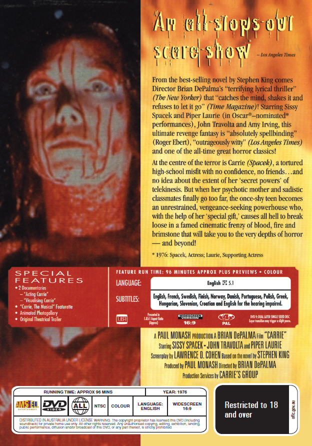 Carrie DVD horror movie featuring Sissy Spacek and Piper Laurie from the rareandcollectibledvds collection