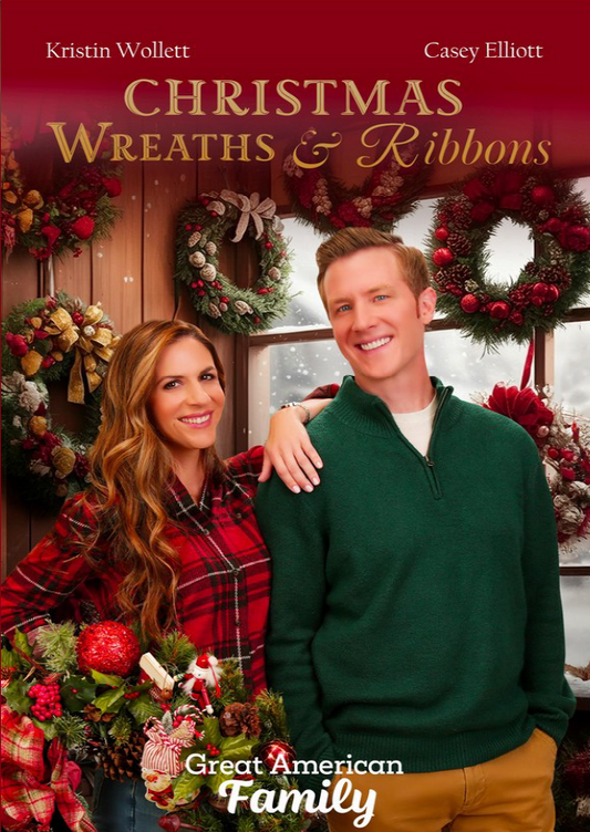 DVD cover for Christmas Wreaths & Ribbons romance movie starring Kristen Wollett and Casey Elliott, from rareandcollectibledvds.