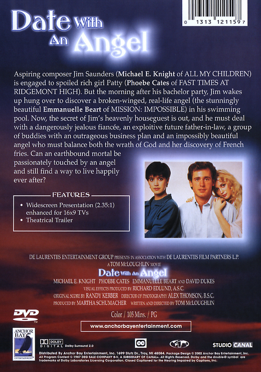 DVD cover of the romantic comedy "Date With An Angel" featuring Michael E. Knight and Phoebe Cates, from RareAndCollectibleDVDs.