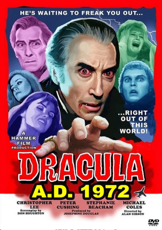 DVD cover of Dracula A.D. 1972 horror movie featuring Christopher Lee and Peter Cushing from RareAndCollectibleDVDs.