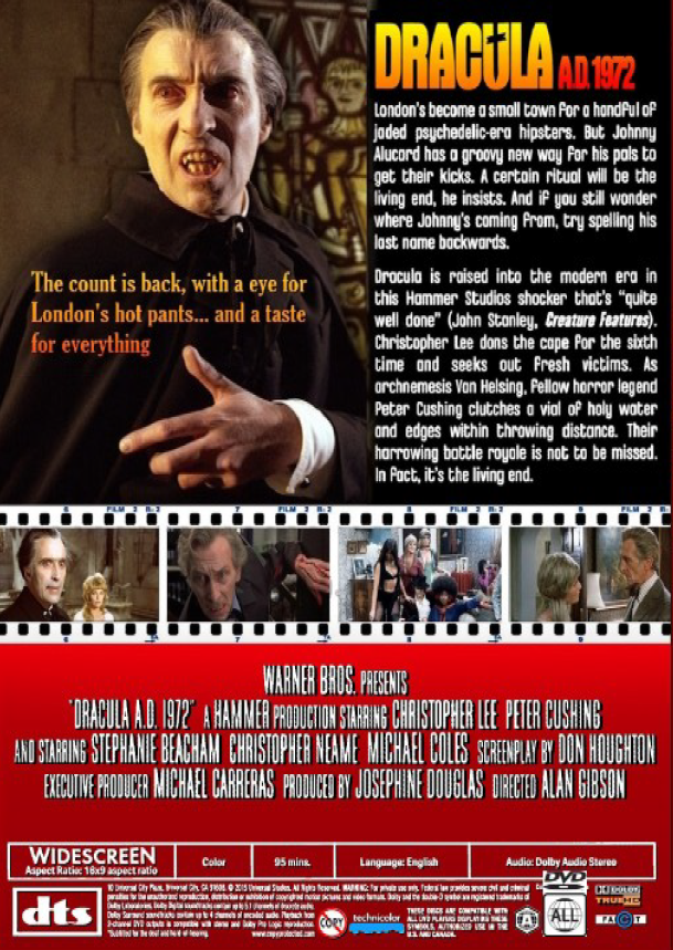 DVD cover of Dracula A.D. 1972 horror movie featuring Christopher Lee and Peter Cushing from RareAndCollectibleDVDs