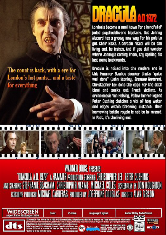 DVD cover of Dracula A.D. 1972 horror movie featuring Christopher Lee and Peter Cushing from RareAndCollectibleDVDs