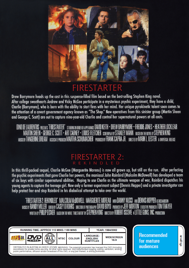 Firestarter 1 & Rekindled DVD set from RareAndCollectibleDVDs, horror movies with fiery supernatural themes.