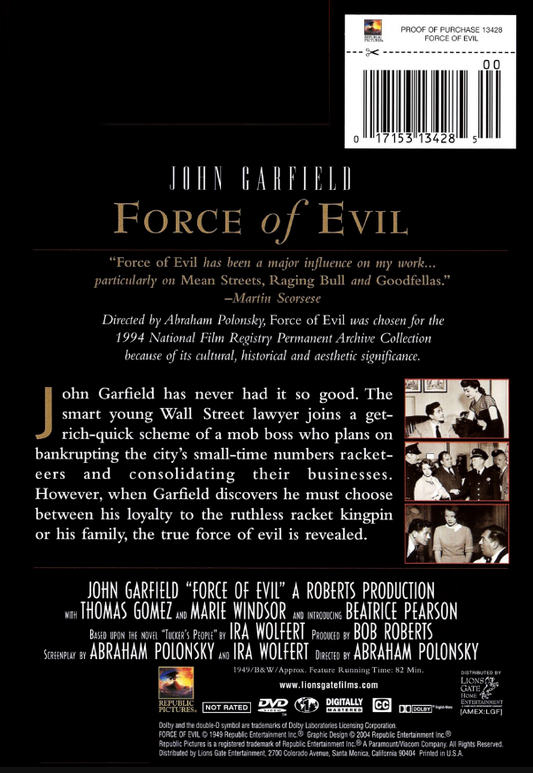Force of Evil DVD featuring crime drama with John Garfield and Thomas Gomez, classic movie from the Movies and DVDs collection.