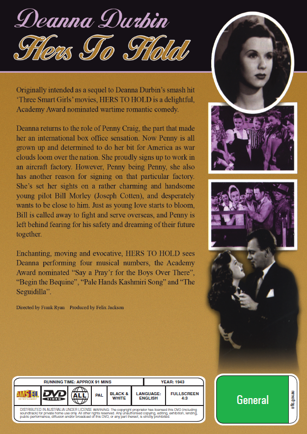 Hers To Hold On DVD featuring Deanna Durbin and Joseph Cotten, musical movie from Rare and Collectible DVDs.