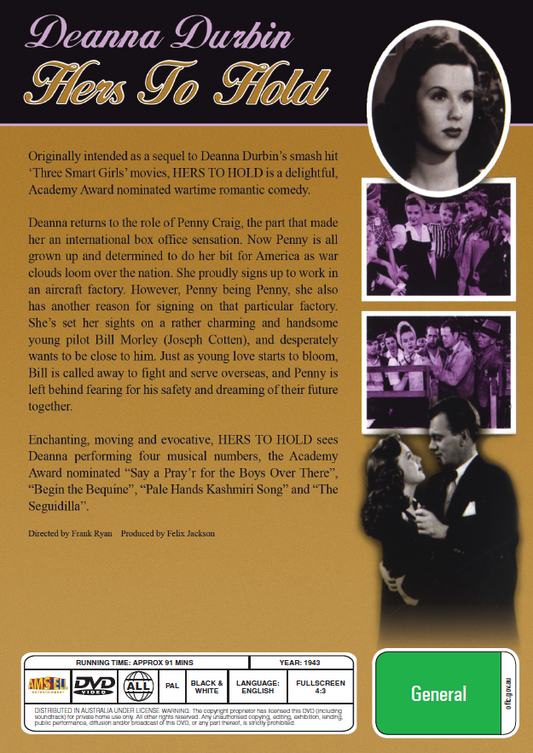 Hers To Hold On DVD featuring Deanna Durbin and Joseph Cotten, musical movie from Rare and Collectible DVDs.