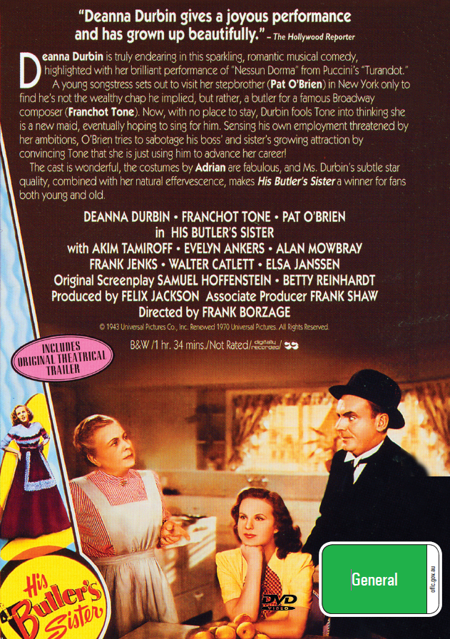 His Butler's Sister DVD, a musical film starring Deanna Durbin and Franchot Tone, from the movies and DVDs collection.