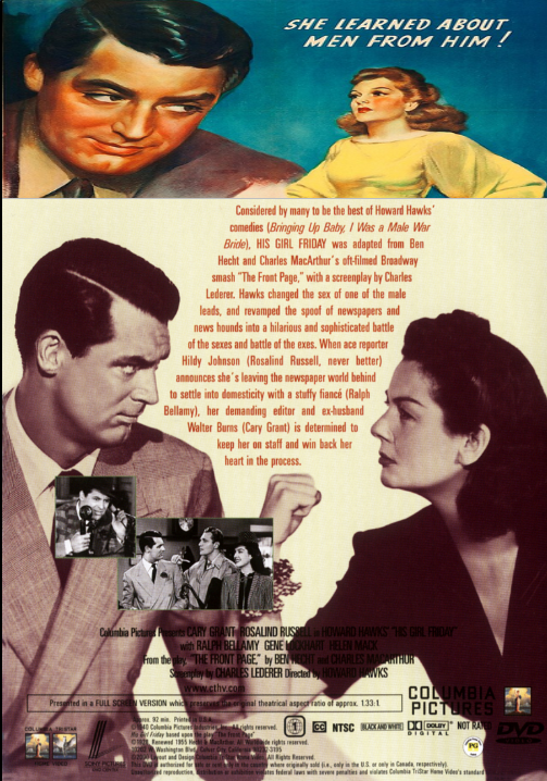 His Girl Friday DVD featuring Cary Grant and Rosalind Russell, comedy movie from Rareandcollectibledvds, showing the DVD cover.