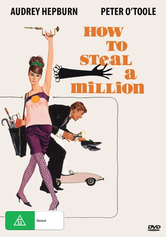 Screenshot from the DVD of "How to Steal a Million" featuring Audrey Hepburn and Peter O'Toole, classic crime movie on DVD.