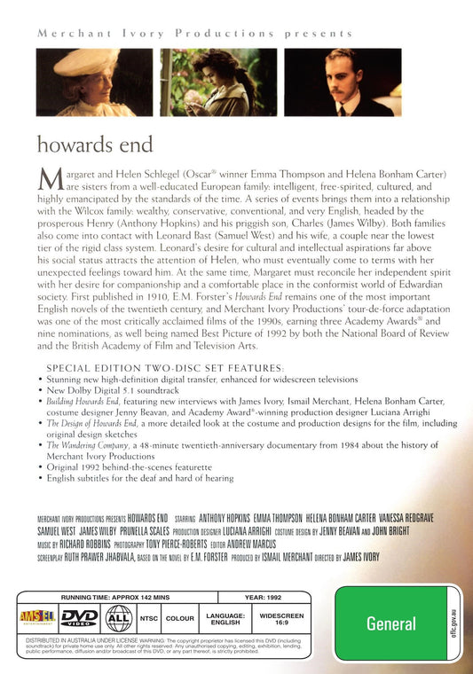 DVD of Howards End movie featuring Anthony Hopkins and Emma Thompson, romance film, from Rare and Collectible DVDs.