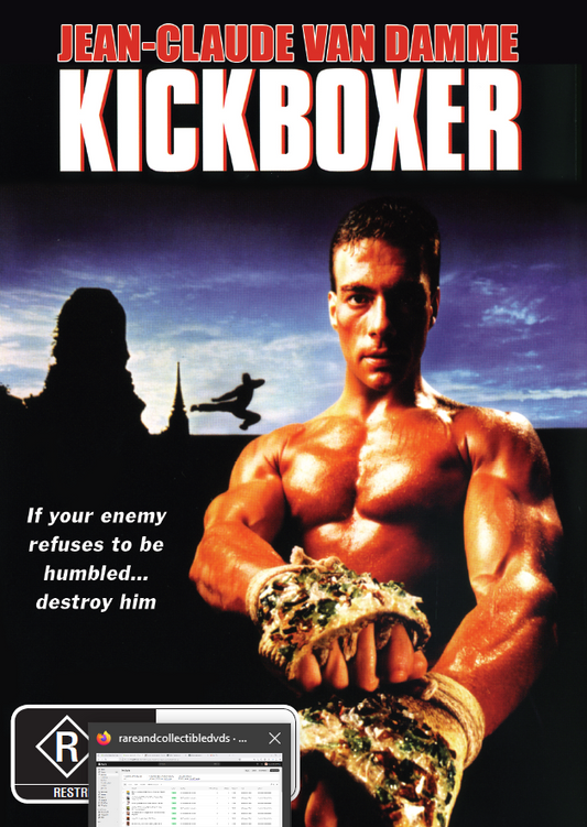 Kickboxer DVD featuring Jean-Claude Van Damme and Dennis Alexio, action movie with martial arts and fight scenes.