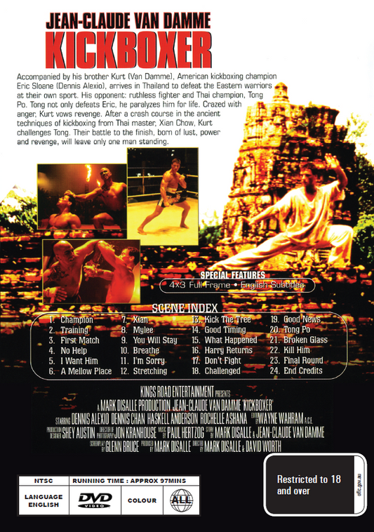 Kickboxer DVD featuring Jean-Claude Van Damme and Dennis Alexio, action movie with martial arts fighters on the cover.