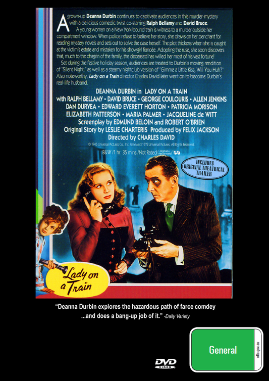 Lady On A Train DVD, musical movie featuring Deanna Durbin and Robert O'Brien, shown with cover art and title.