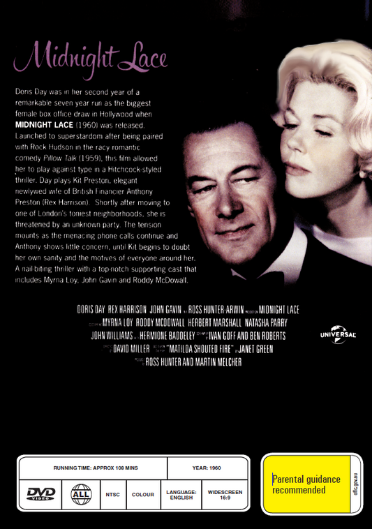Midnight Lace DVD featuring Doris Day and Rex Harrison, thriller movie from Rare and Collectible DVDs collection.