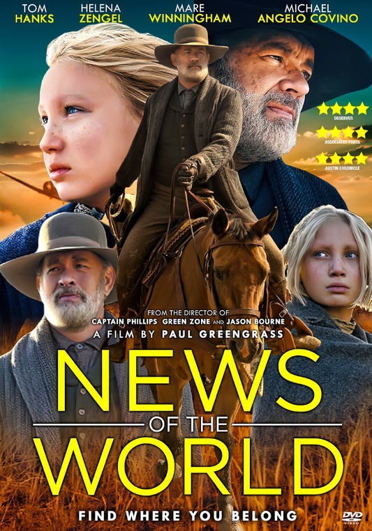 News of the World DVD featuring Western film with Tom Hanks, Helena Zengel, and Tom Astor, displayed in a case with cover art.