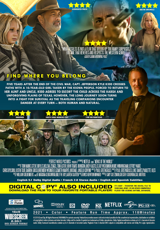 News of the World DVD featuring Western film with Tom Hanks, Helena Zengel, and Tom Astor from rareandcollectibledvds.