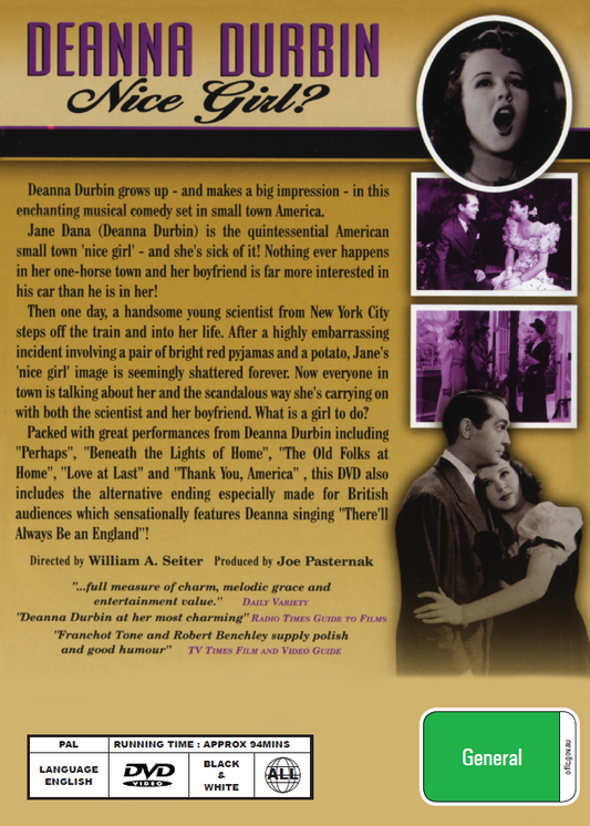 DVD cover of "Nice Girl?" musical featuring Deanna Durbin and Franchot Tone, showcasing the movie's vintage poster artwork.