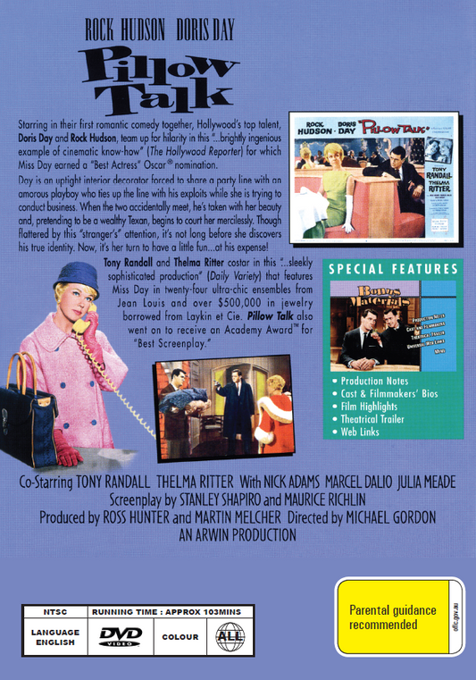 DVD cover of the comedy movie Pillow Talk starring Rock Hudson and Doris Day, from the rareandcollectibledvds collection.