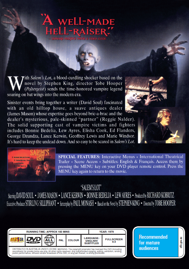 Salem's Lot DVD featuring horror movie with David Soul and James Mason, collectible DVD from Rare and Collectible DVDs.
