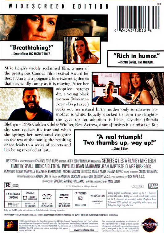 DVD cover of "Secrets & Lies" comedy-drama movie, featuring the film's title and artwork from rareandcollectibledvds.
