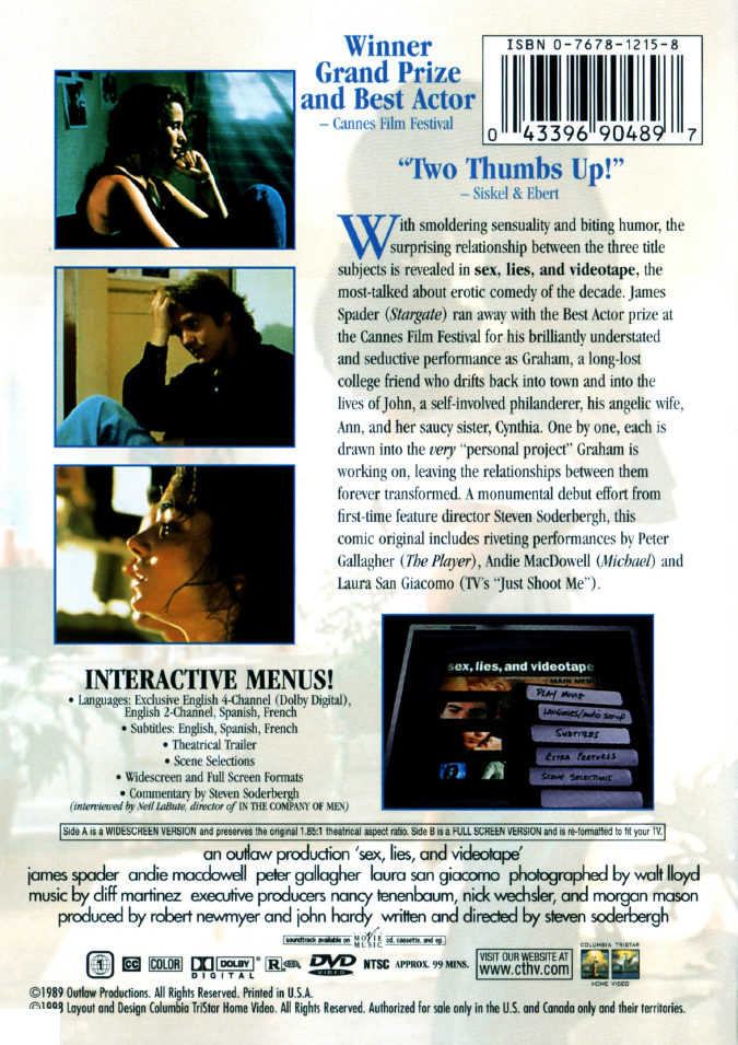 DVD cover of "Sex, Lies, and Videotape" drama featuring James Spader and Andie MacDowell, from Rare and Collectible DVDs.