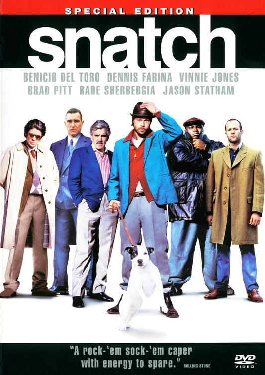 DVD cover of "Snatch" featuring Jason Statham and Brad Pitt, crime movie from rareandcollectibledvds.