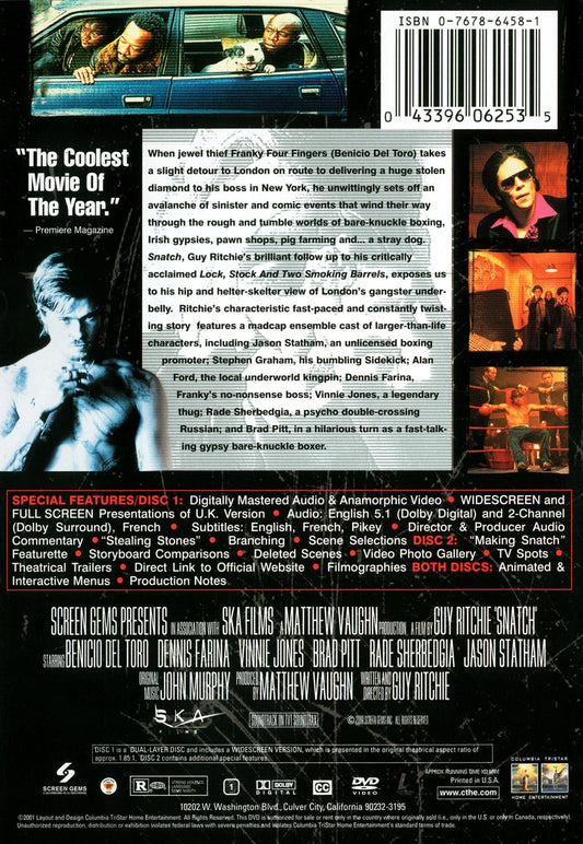 DVD cover of "Snatch" featuring Jason Statham and Brad Pitt, crime movie from rareandcollectibledvds, with action scenes and cast images.
