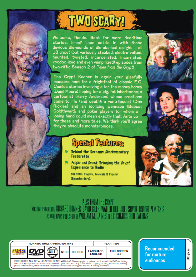 Tales From The Crypt Season 2 DVD featuring horror stories with John Kassir and Rory Brocksmith, collected in a DVD case.
