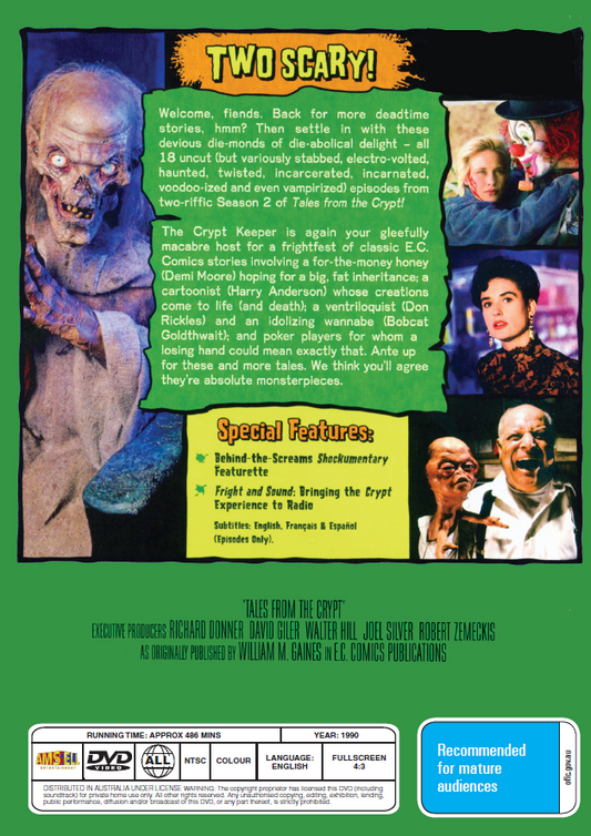 Screenshot of Tales From The Crypt Season 2 DVD featuring horror themes, with John Kassir and Rory Brocksmith characters.
