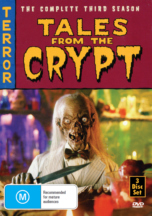 Screenshot of Tales From The Crypt Season 3 DVD featuring horror themes, with John Kassir and Rory Brocksmith characters.