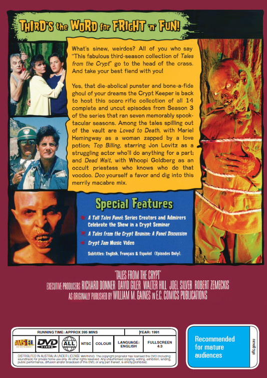 Tales From The Crypt Season 3 DVD featuring John Kassir and Rory Brocksmith, horror TV series with spooky scenes and cover art.