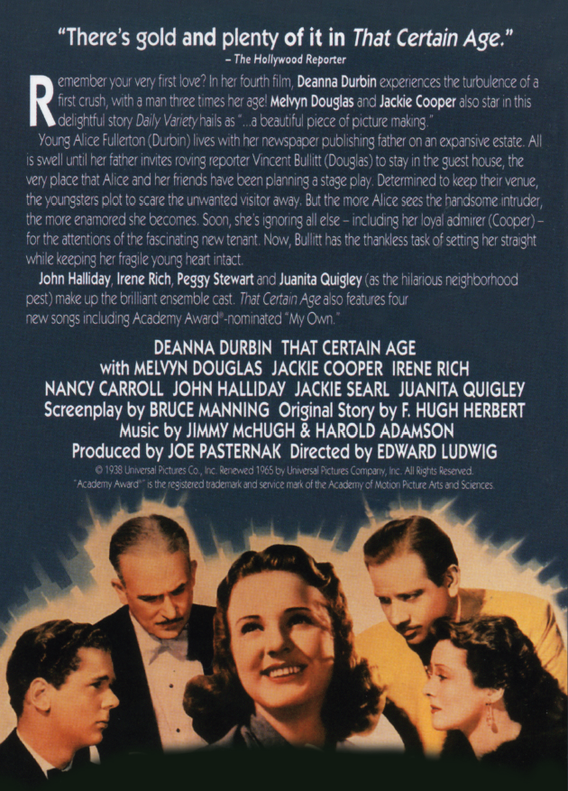 DVD cover of "That Certain Age" musical featuring Deanna Durbin and Melvyn Douglas, from the Movies and DVDs collection.