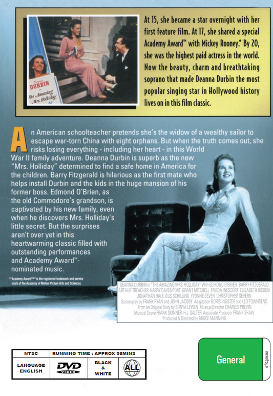 DVD of The Amazing Mrs. Holiday comedy movie featuring Deanna Durbin and Edmond O'Brien, from rareandcollectibledvds.