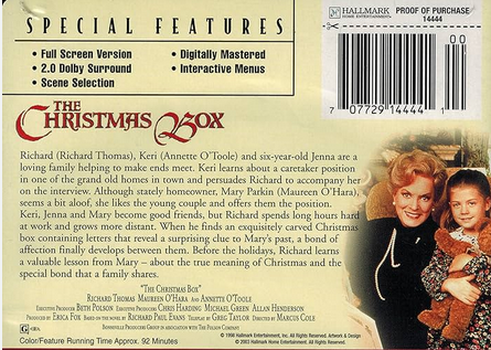 Screenshot of "The Christmas Box" DVD featuring Richard Thomas and Maureen O'Hara, a fantasy movie from the movies and DVDs collection.