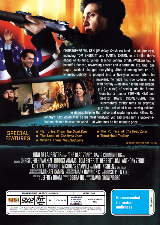 The Dead Zone DVD, a thriller starring Christopher Walken and Brooke Adams, featuring cover art with movie title and actors.