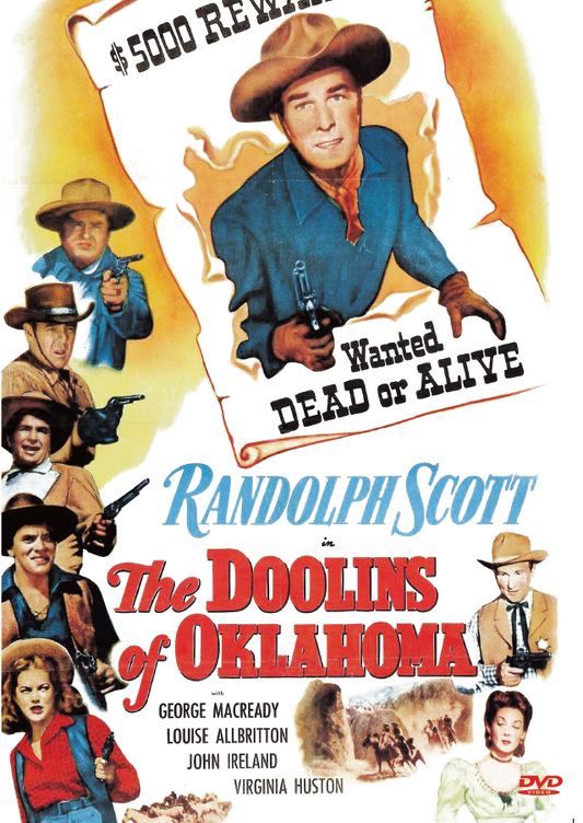 DVD cover of The Doolins of Oklahoma Western movie featuring Randolph Scott and George Macready, from RareandCollectibleDVDs.