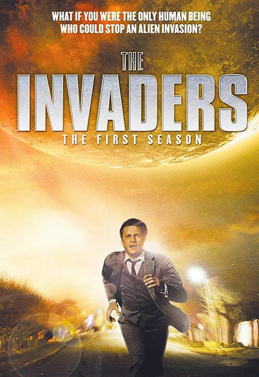 The Invaders Season 1 DVD featuring sci-fi scenes with Roy Thinnes and Kent Smith from the RareAndCollectibleDVDs collection.