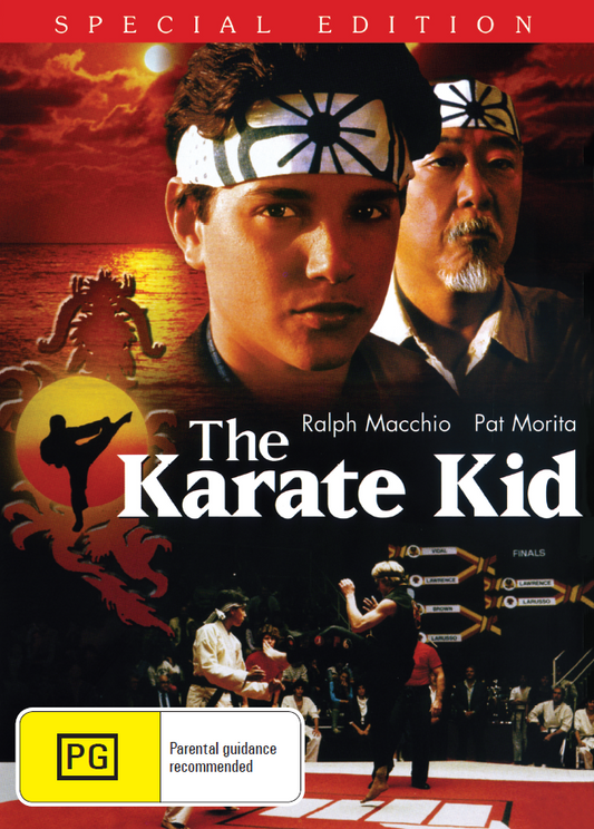 The Karate Kid DVD featuring Ralph Macchio and Pat Morita, showcasing martial arts action from the classic movie.
