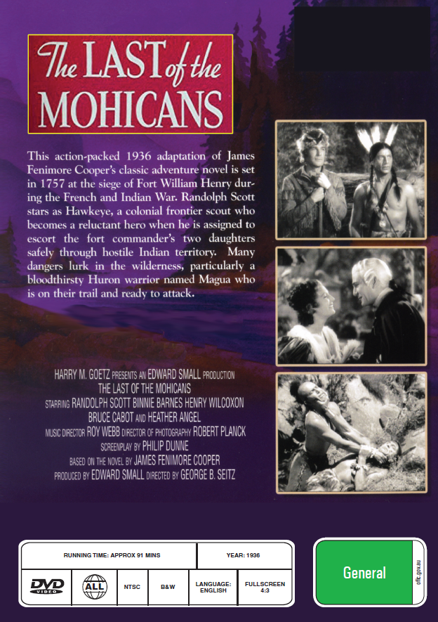 The Last of the Mohicans 1936 DVD from RareandCollectibleDVDs, featuring adventure movie cover art with characters in wilderness scene
