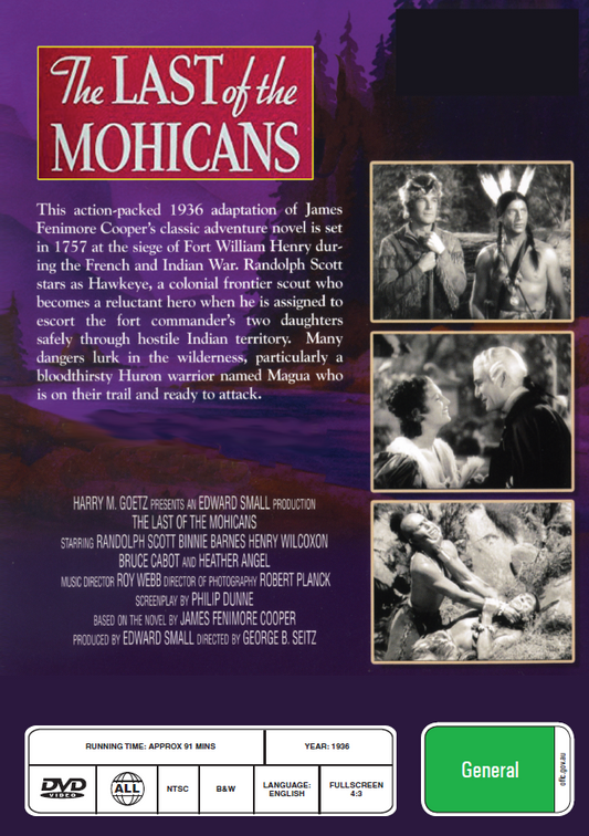 The Last of the Mohicans 1936 DVD from RareandCollectibleDVDs, featuring adventure movie cover art with characters in wilderness scene