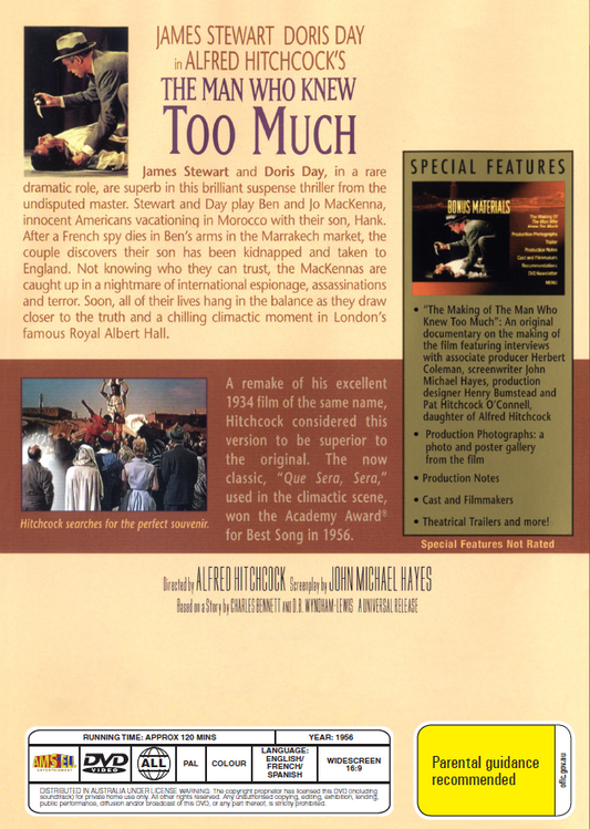 DVD cover of "The Man Who Knew Too Much" thriller movie starring James Stewart and Doris Day, from RareAndCollectibleDVDs.