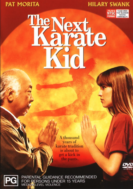 The Next Karate Kid DVD featuring martial arts action with Pat Morita and Hilary Swank, movie cover image.