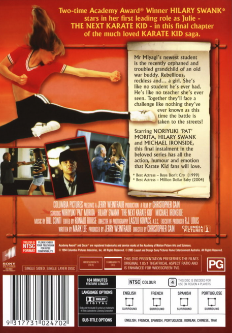 DVD cover of The Next Karate Kid featuring martial arts, Pat Morita, and Hilary Swank from the movies and DVDs collection.