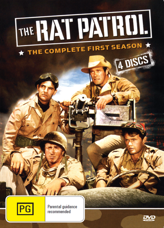 Screenshot from The Rat Patrol Season 1 DVD featuring Christopher George and Gary Raymond, war-themed DVD cover art.