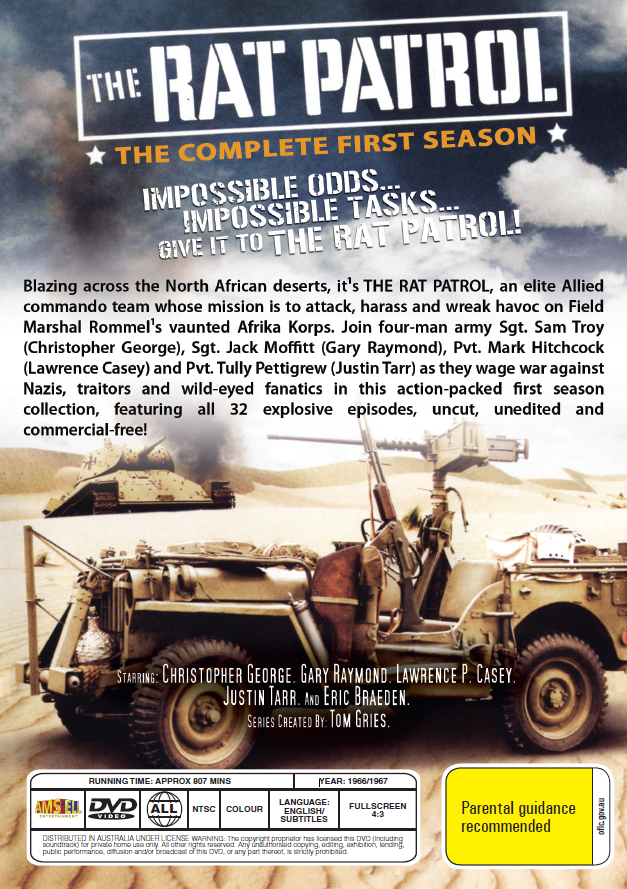 The Rat Patrol Season 1 DVD featuring war action with Christopher George and Gary Raymond, displayed in its plastic case.