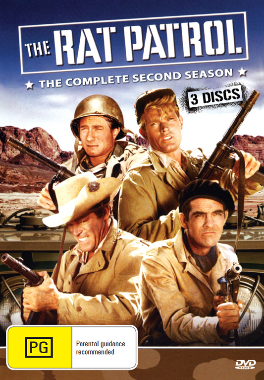 DVD cover of The Rat Patrol Season 2 featuring Christopher George and Gary Raymond, showcasing military war scenes.