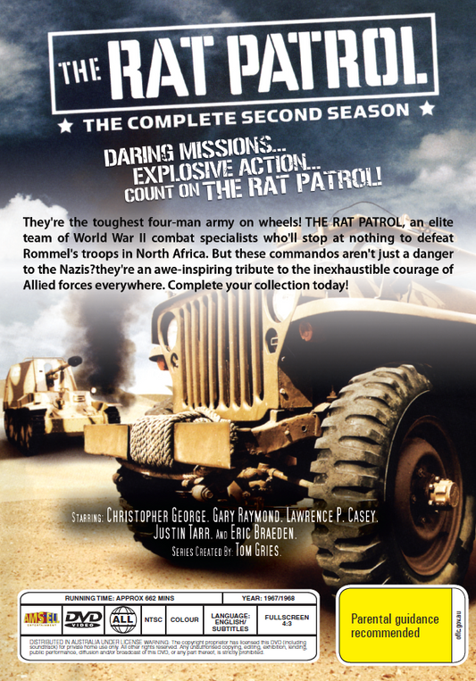 Screenshot from The Rat Patrol Season 2 DVD featuring Christopher George and Gary Raymond in a wartime desert scene.