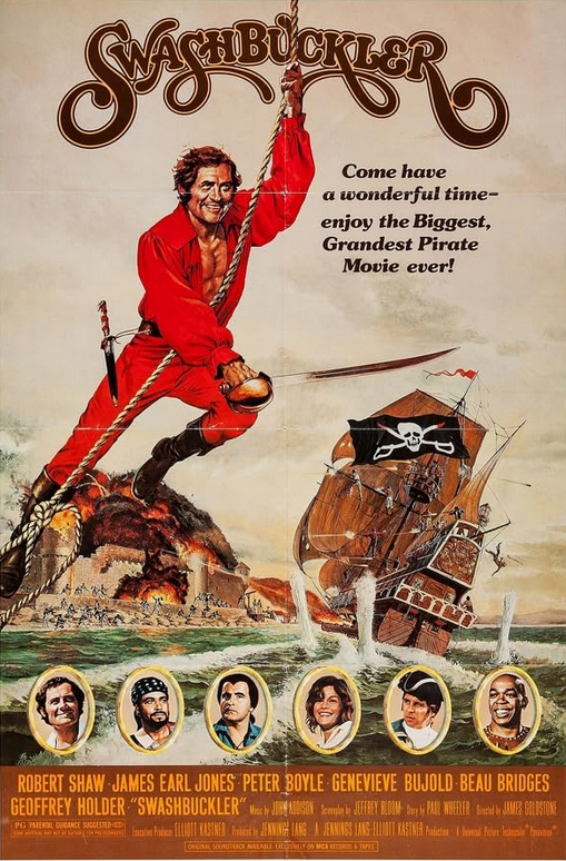 The Swashbuckler DVD featuring pirates, action scenes, Robert Shaw, and James Earl Jones from a rareandcollectibledvds collection.