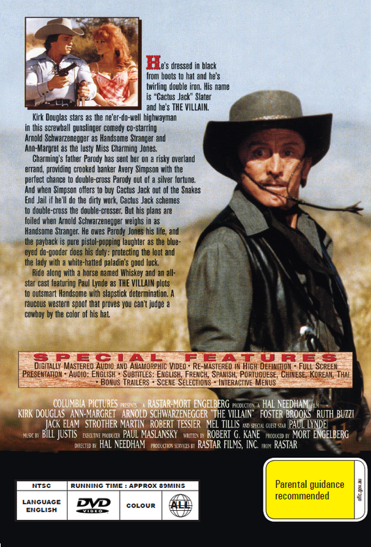 DVD cover of "The Villain" Western movie starring Kirk Douglas and Arnold Schwarzenegger, from Rare and Collectible DVDs.